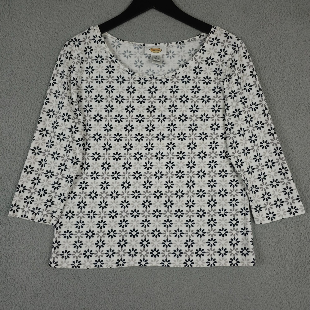 Vintage Talbots Shirt Womens Medium White Gray Black AOP Flower 3/4 Sleeve Tee